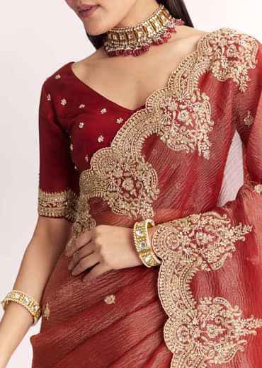 Brownish Mauve Crush Tissue Saree With Heavy Border And Blouse