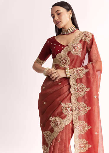 Brownish Mauve Crush Tissue Saree With Heavy Border And Blouse
