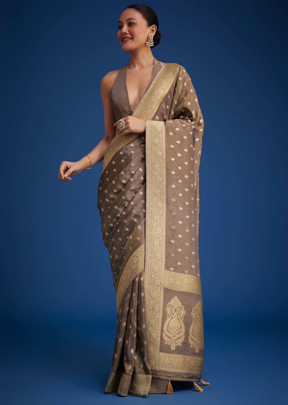 Brownish Grey Tissue Silk Saree With Zari Border And Butti Work