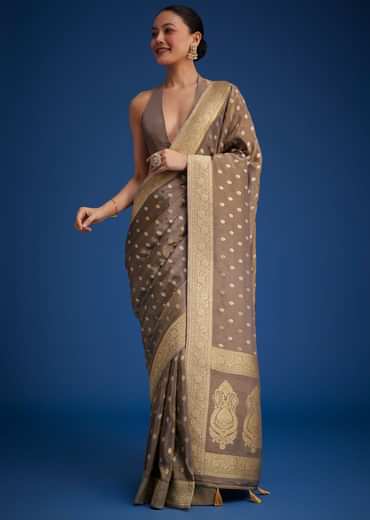 Brownish Grey Tissue Silk Saree With Zari Border And Butti Work