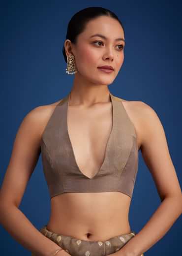 Brownish Grey Tissue Silk Saree With Zari Border And Butti Work