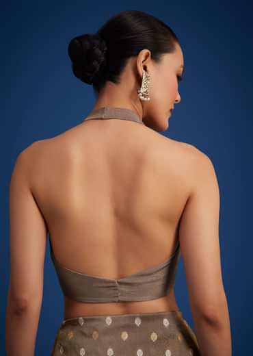 Brownish Grey Tissue Silk Saree With Zari Border And Butti Work