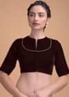 Burgandy Blouse In Velvet With A Zari Lace Defining The Neckline