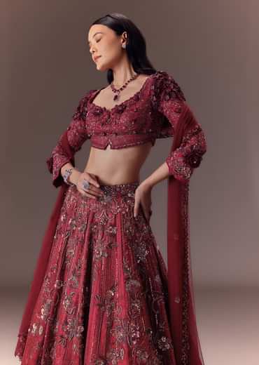 Burgandy Wine Organza Lehenga Set