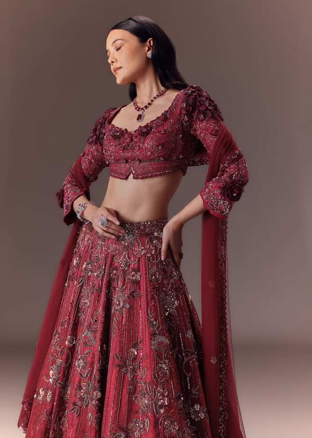 Burgandy Wine Organza Lehenga Set