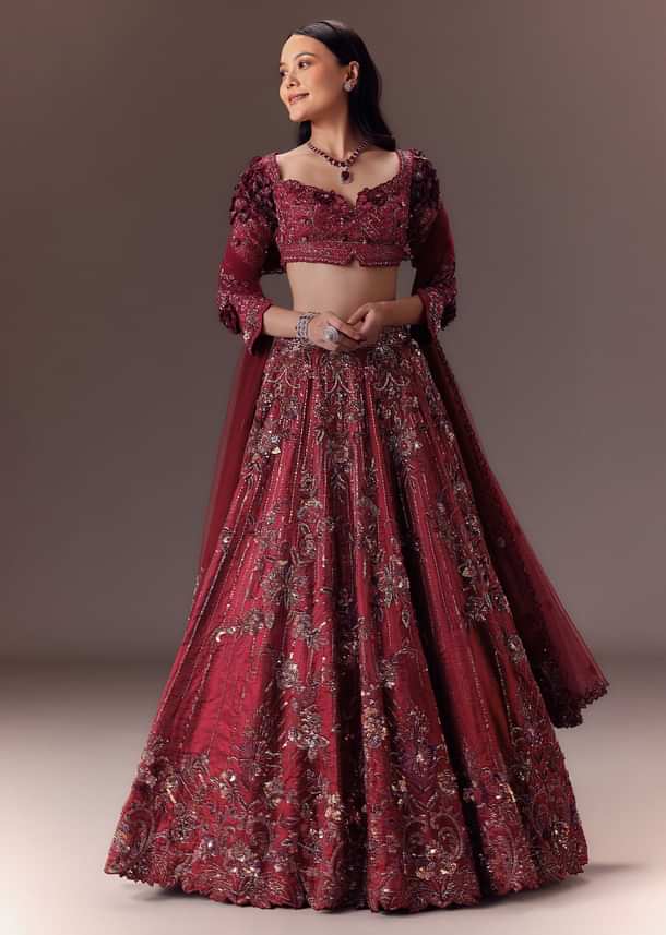 Burgandy Wine Organza Lehenga Set