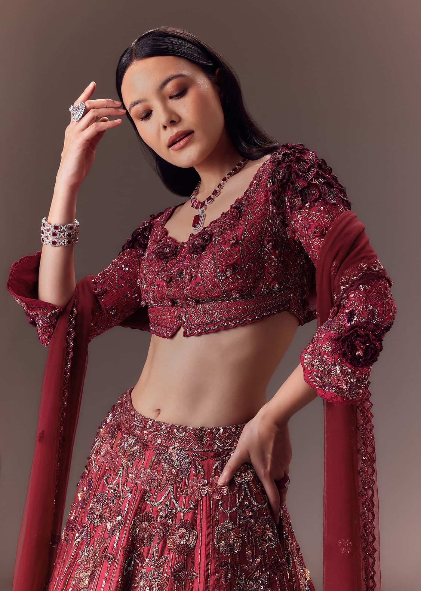 Burgandy Wine Organza Lehenga Set
