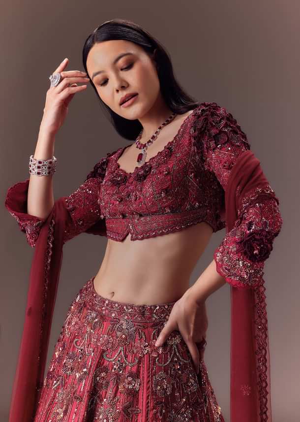 Burgandy Wine Organza Lehenga Set