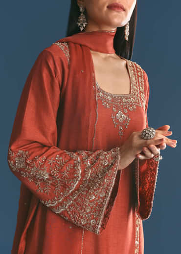 Burnt Orange Silk Sequin Beaded Kurta Set With Dupatta