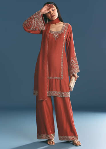Burnt Orange Silk Sequin Beaded Kurta Set With Dupatta