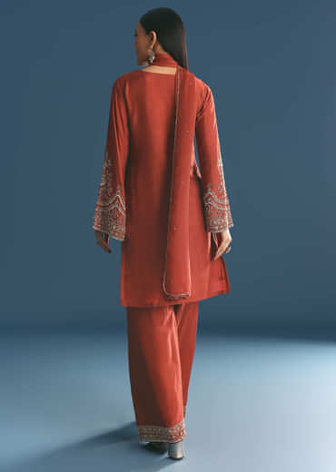 Burnt Orange Silk Sequin Beaded Kurta Set With Dupatta