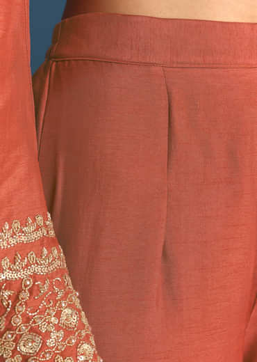 Burnt Orange Silk Sequin Beaded Kurta Set With Dupatta