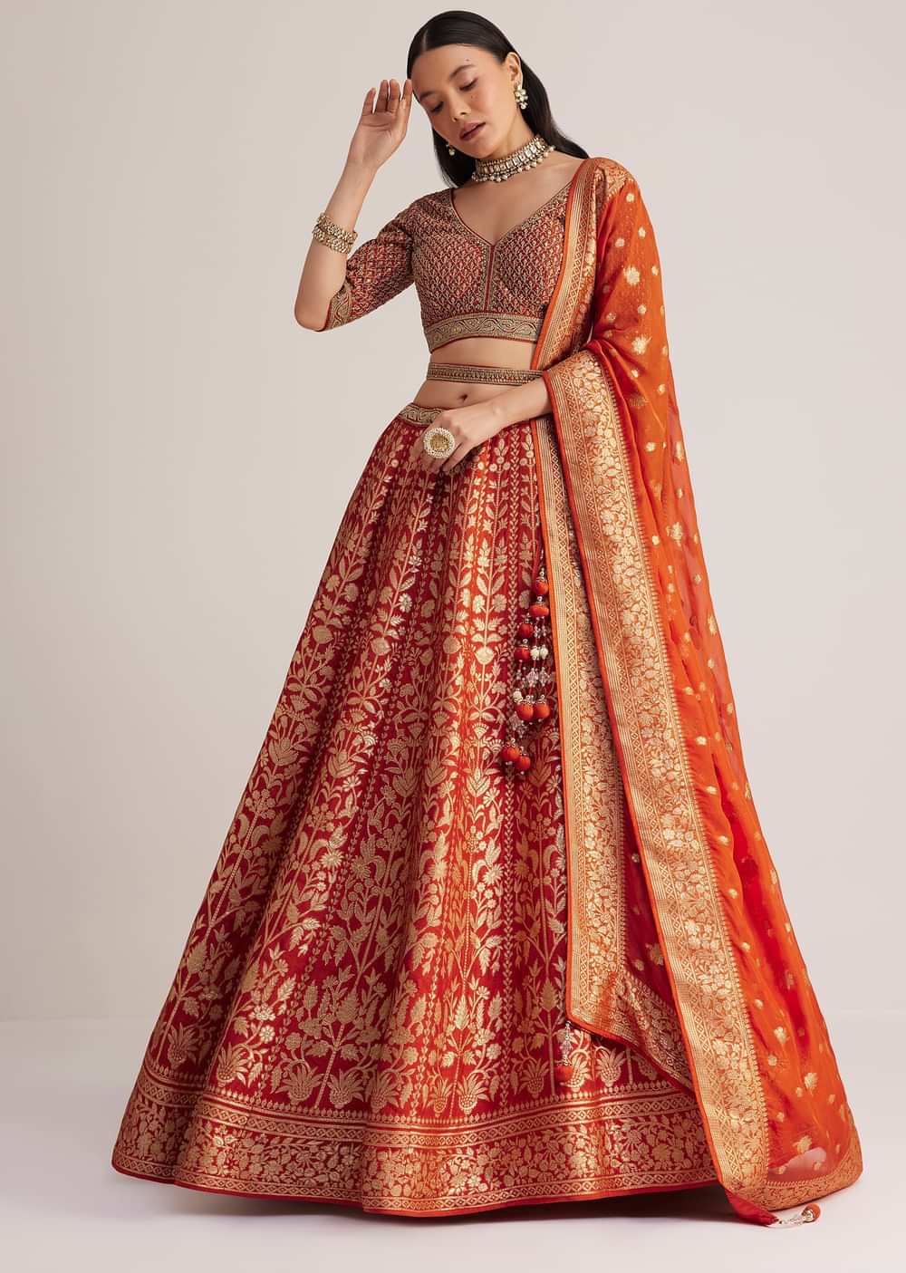 Burnt Orange Brocade Embroidered Lehenga Set