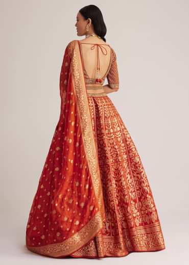 Burnt Orange Brocade Embroidered Lehenga Set