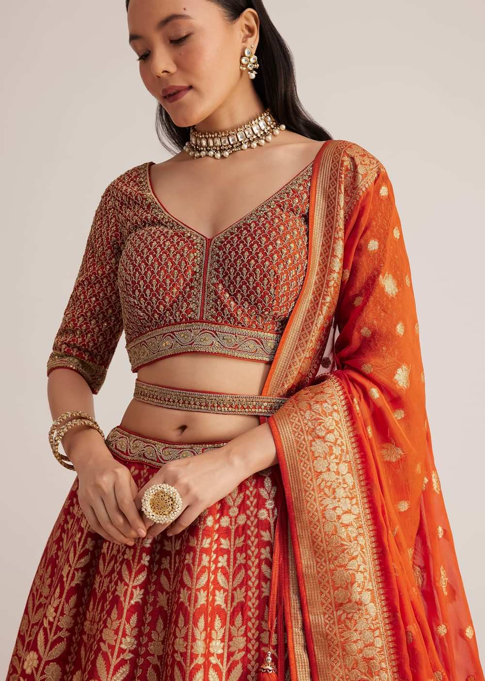 Burnt Orange Brocade Embroidered Lehenga Set