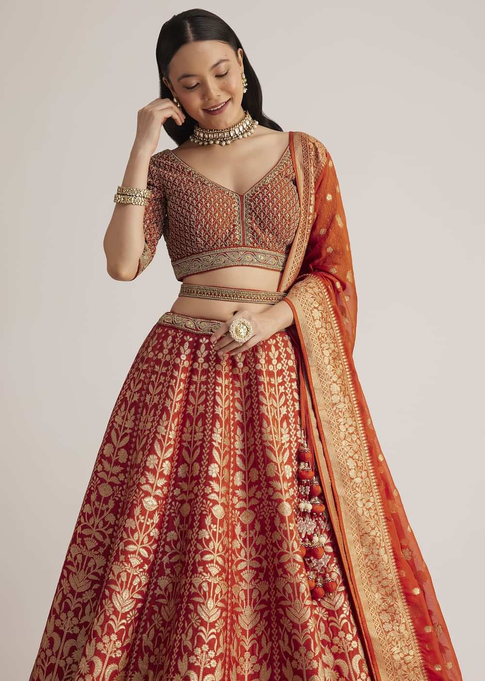 Burnt Orange Brocade Embroidered Lehenga Set