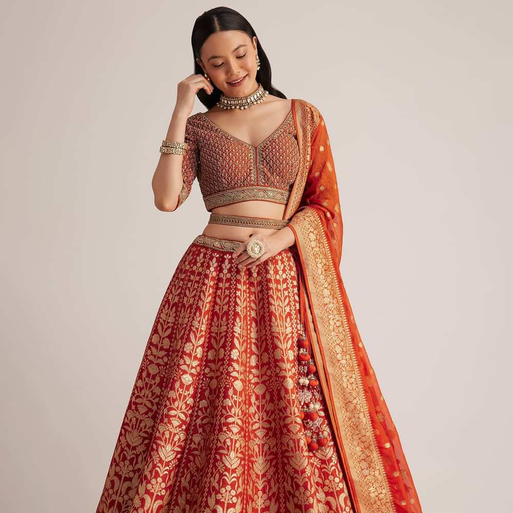 Burnt Orange Brocade Embroidered Lehenga Set