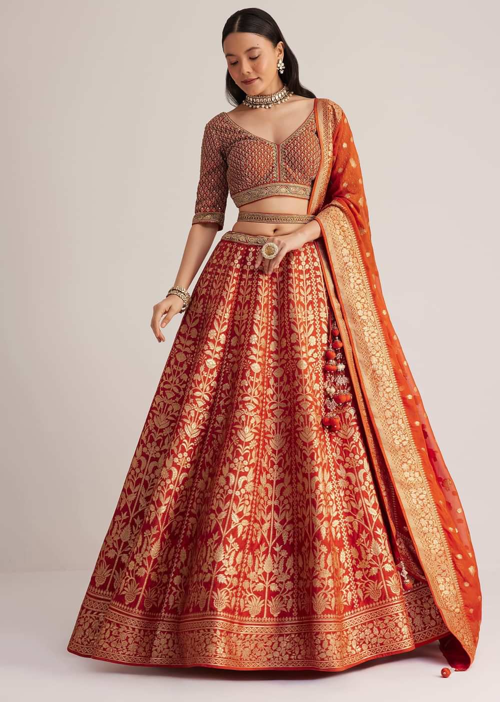 Burnt Orange Brocade Embroidered Lehenga Set