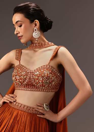 Burnt Rust Organza Hand Embellished Ruched Lehenga Set With Choker Dupatta