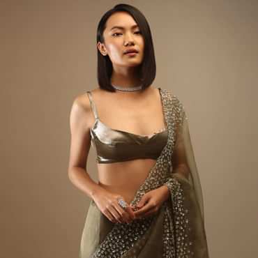 Butternut Olive Satin Spaghetti Strap Blouse With A Curved Neckline Tie Down At The Back