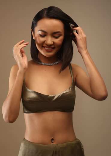 Butternut Olive Satin Spaghetti Strap Blouse With A Curved Neckline Tie Down At The Back