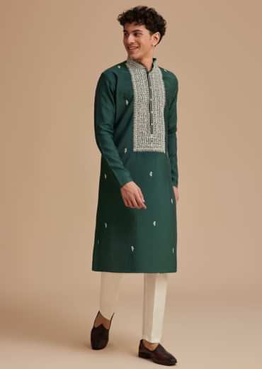 Bottle Green Silk Embroidered Kurta