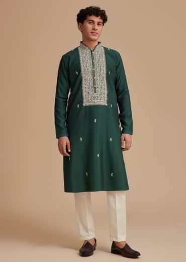 Bottle Green Silk Embroidered Kurta