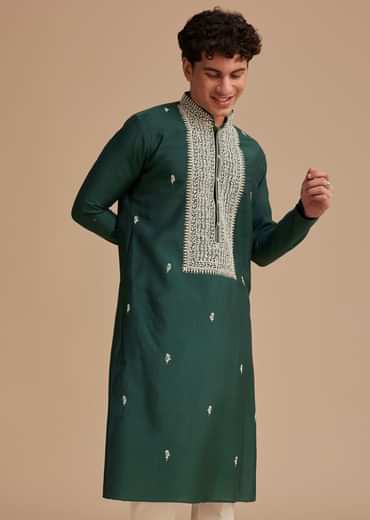 Bottle Green Silk Embroidered Kurta