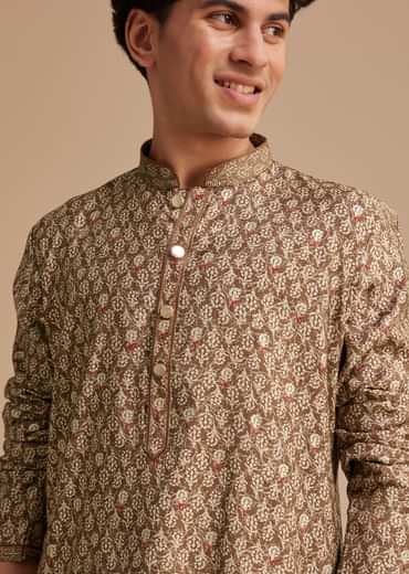 Brown Muslin Mughal Printed Kurta Set