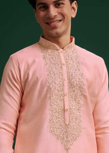 Peach Silk Hand Embroidered Yoke Kurta Set