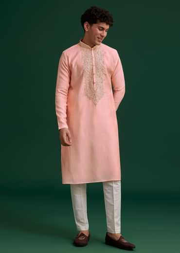 Peach Silk Hand Embroidered Yoke Kurta Set