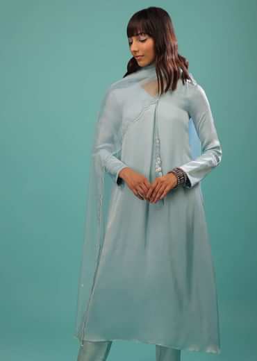 Powder Blue Bemberg Silk Kurti Suit With Dupatta And Silk Pants