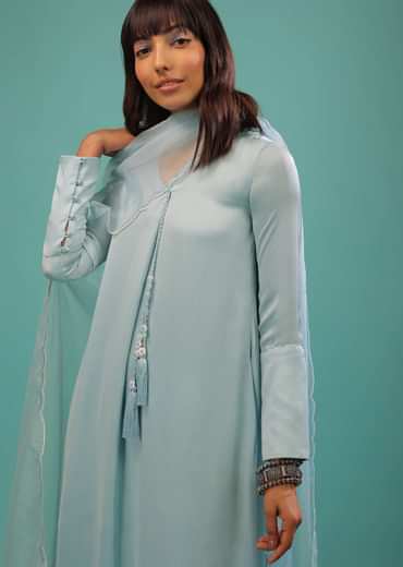 Powder Blue Bemberg Silk Kurti Suit With Dupatta And Silk Pants