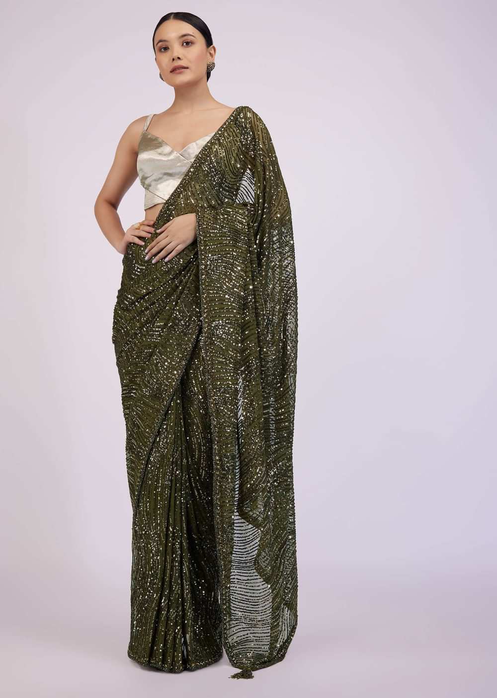 Capulet Olive Green Saree In Sequins With Embroidery