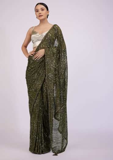 Capulet Olive Green Saree In Sequins With Embroidery