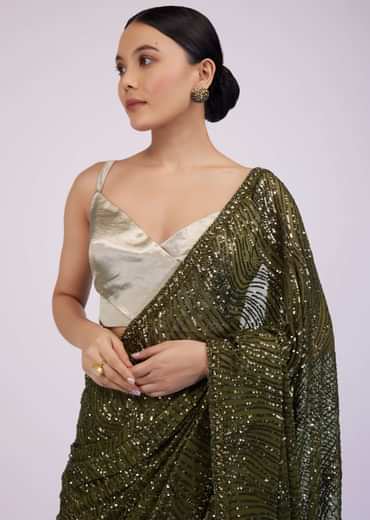 Capulet Olive Green Saree In Sequins With Embroidery
