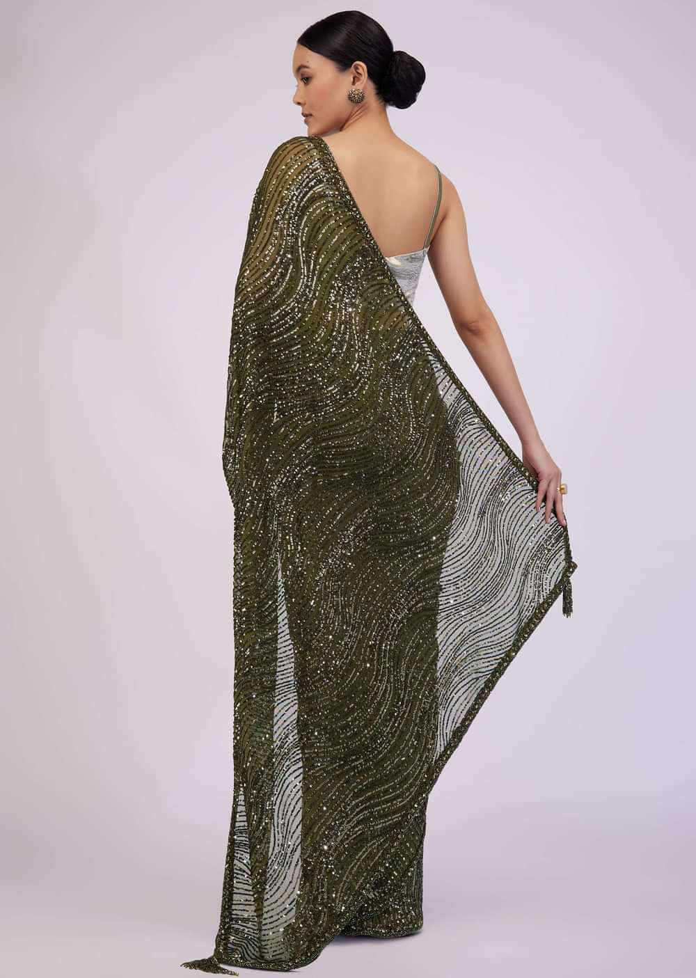 Capulet Olive Green Saree In Sequins With Embroidery