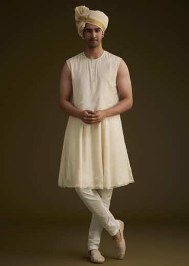 Fawn Raw Silk Sherwani Set With Zardosi Embroidery