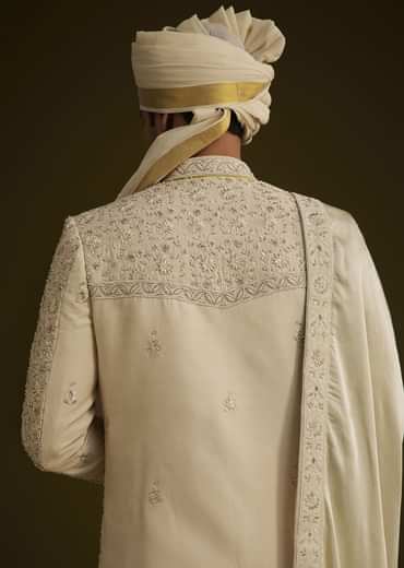 Fawn Raw Silk Sherwani Set With Zardosi Embroidery