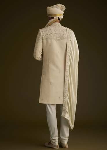 Fawn Raw Silk Sherwani Set With Zardosi Embroidery