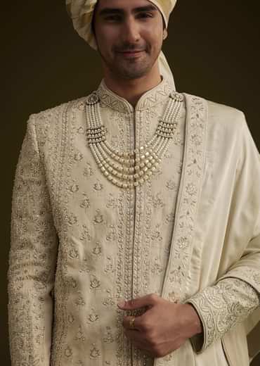 Fawn Raw Silk Sherwani Set With Zardosi Embroidery