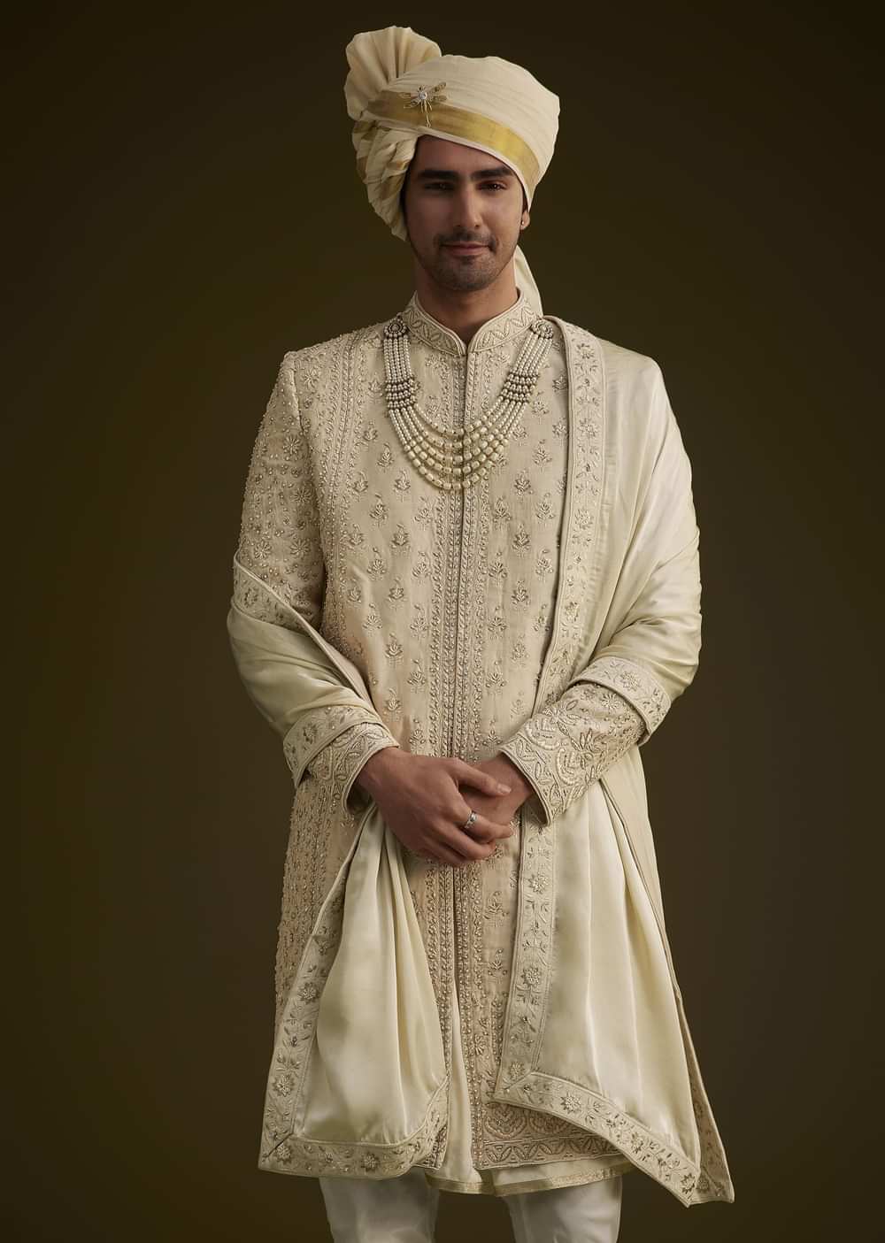 Fawn Raw Silk Sherwani Set With Zardosi Embroidery