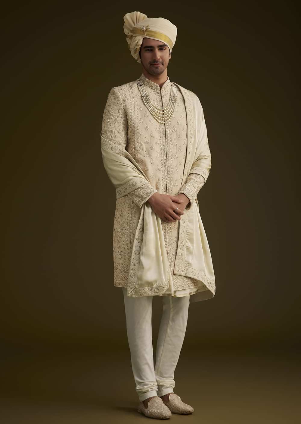 Fawn Raw Silk Sherwani Set With Zardosi Embroidery