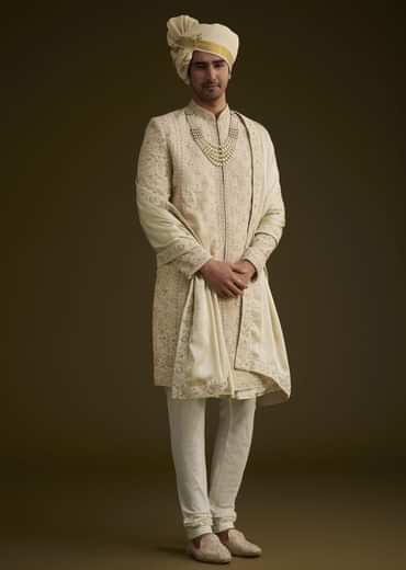 Fawn Raw Silk Sherwani Set With Zardosi Embroidery