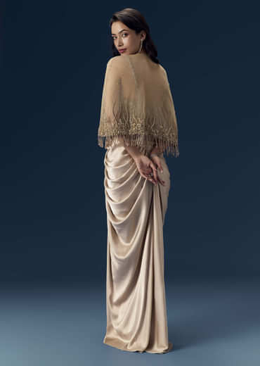 Champagne Embeliished Crop Top and Draped Skirt Set