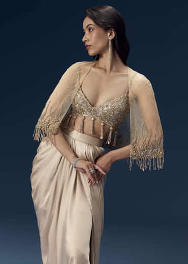 Champagne Embeliished Crop Top and Draped Skirt Set