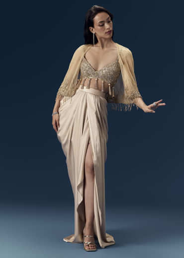 Champagne Embeliished Crop Top and Draped Skirt Set