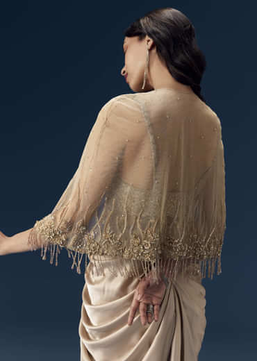 Champagne Embeliished Crop Top and Draped Skirt Set