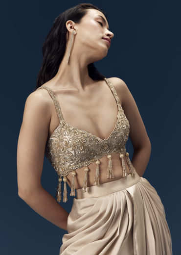 Champagne Embeliished Crop Top and Draped Skirt Set