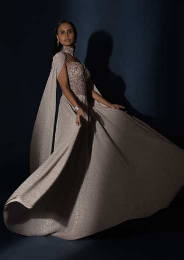 Champagne Gown With Embellished Sweetheart Cut Bodice And Spaghetti Straps Online - Kalki Fashion